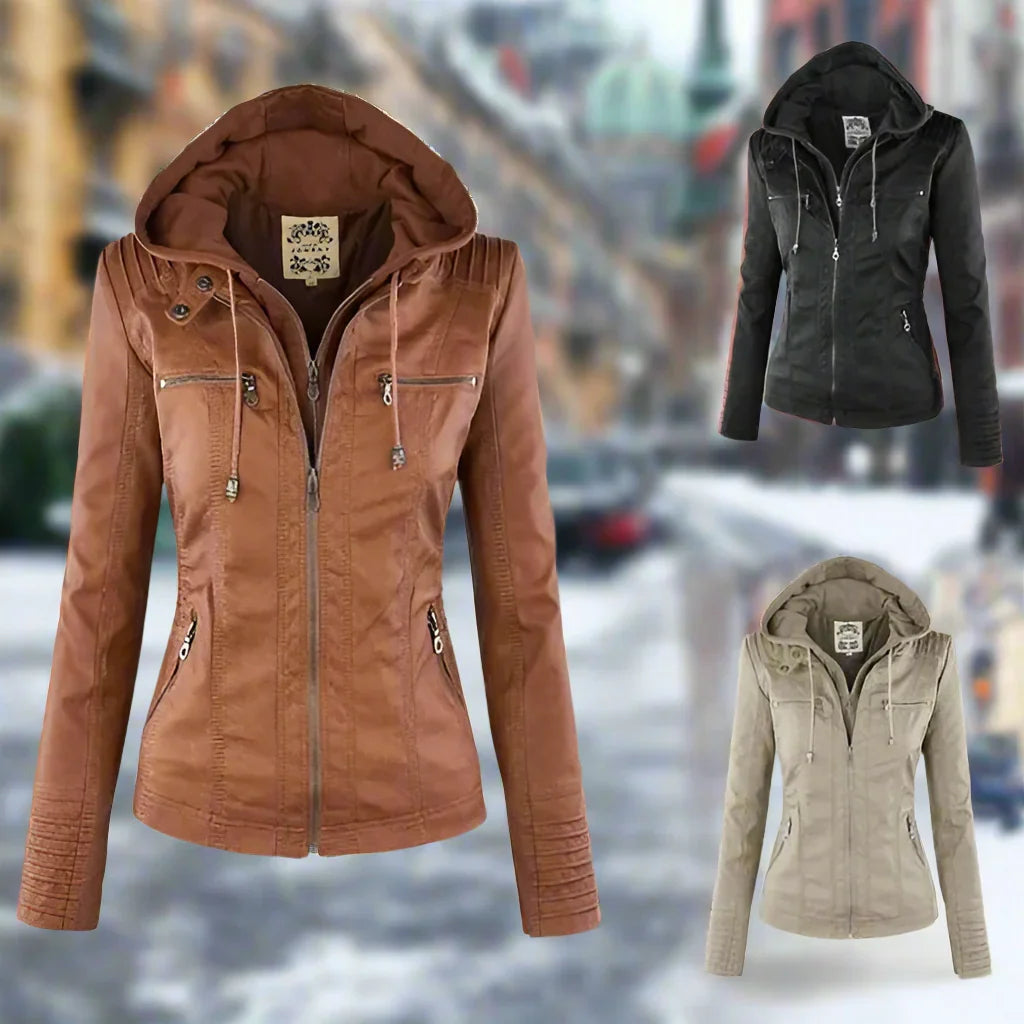 Joanne | Women's Faux Leather Up Jacket with Detachable Hood and Zip Pockets