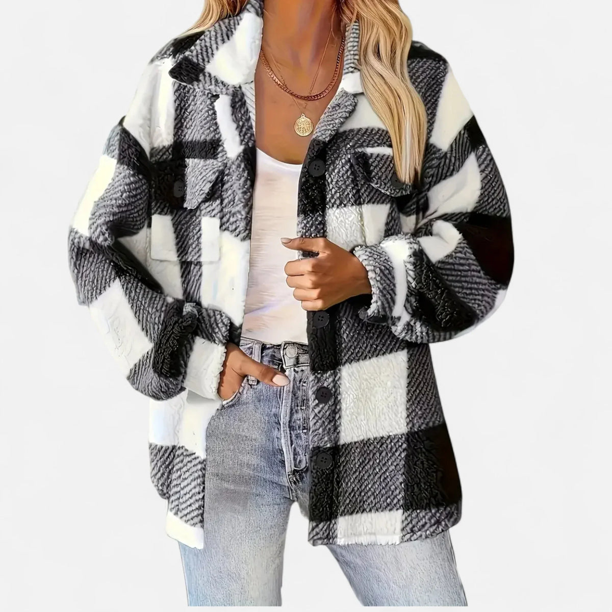 Joanne | Women's Plaid Sherpa Jacket with Button Closure and Chest Pockets
