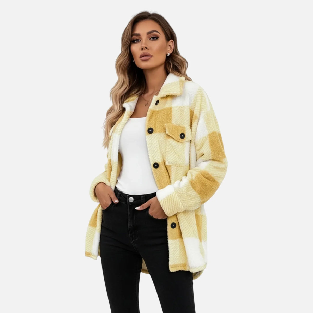 Joanne | Women's Plaid Sherpa Jacket with Button Closure and Chest Pockets