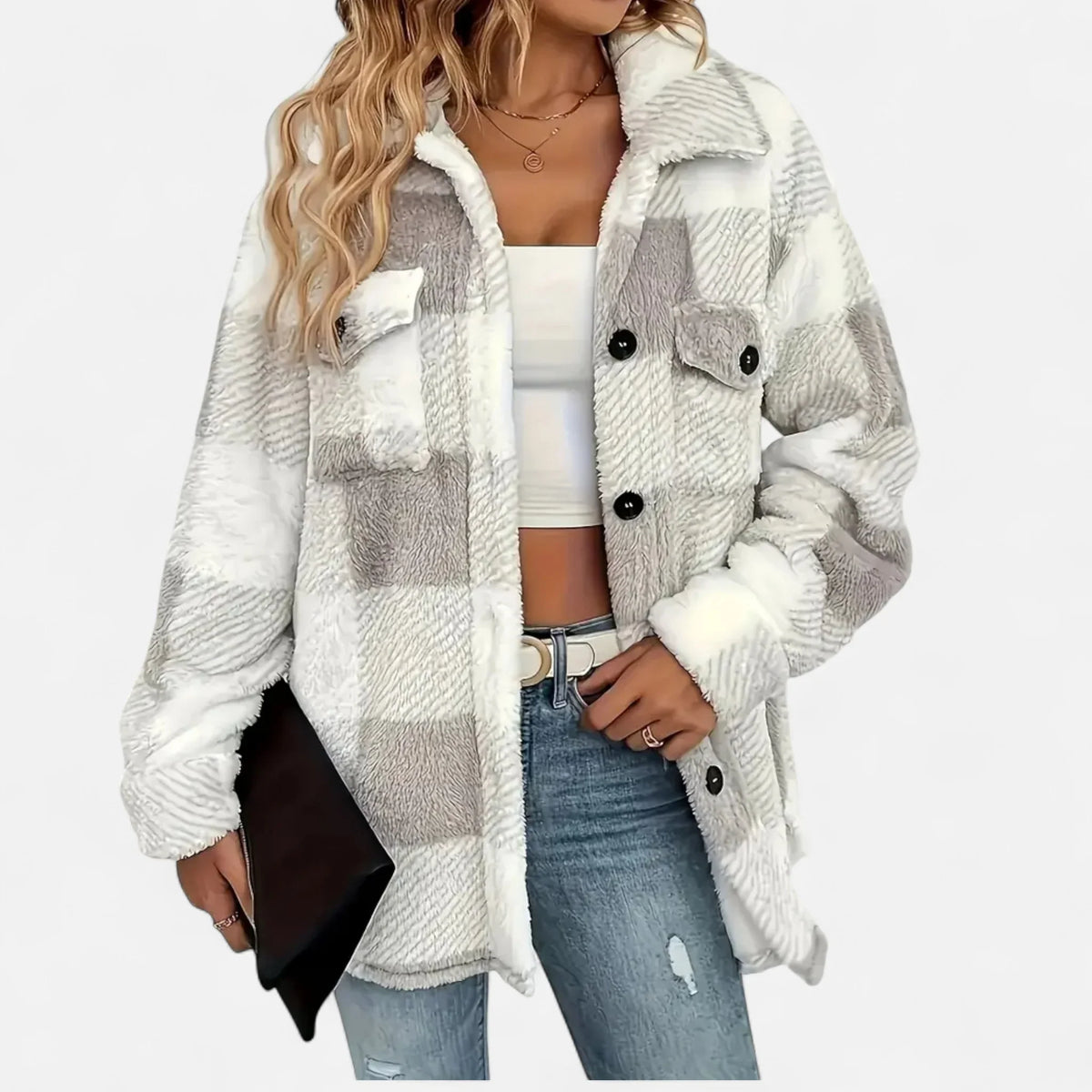 Joanne | Women's Plaid Sherpa Jacket with Button Closure and Chest Pockets