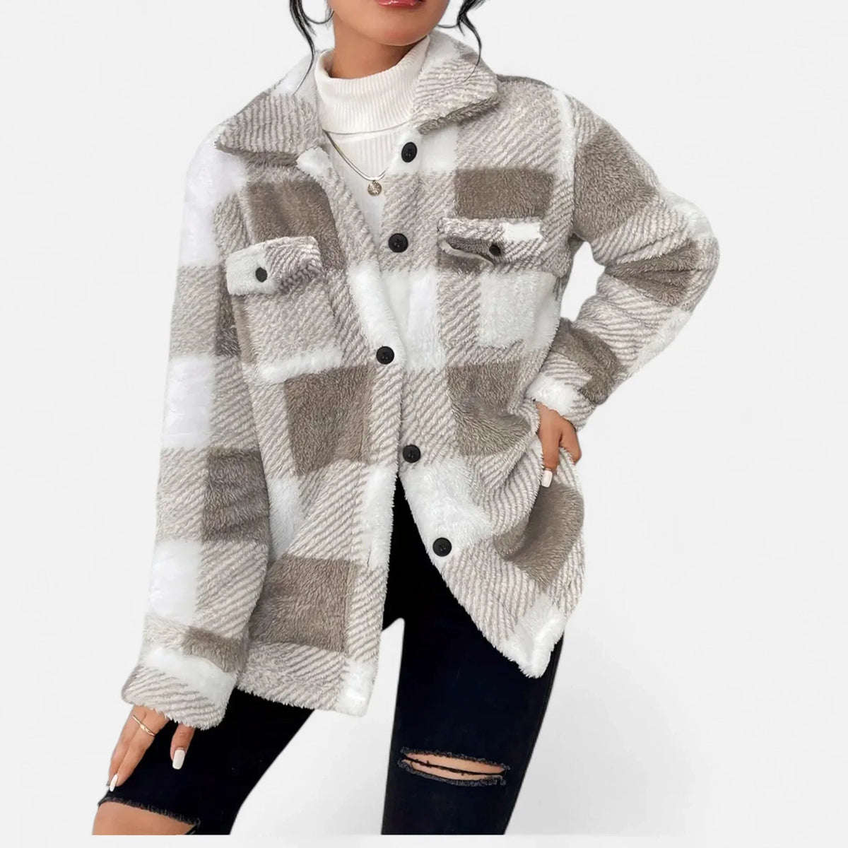 Joanne | Women's Plaid Sherpa Jacket with Button Closure and Chest Pockets