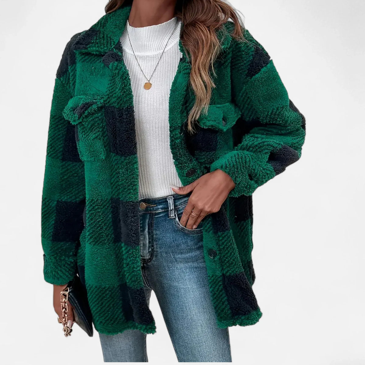 Joanne | Women's Plaid Sherpa Jacket with Button Closure and Chest Pockets