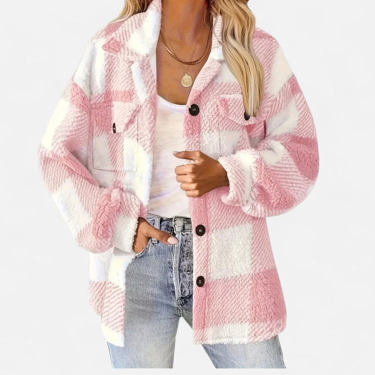 Joanne | Women's Plaid Sherpa Jacket with Button Closure and Chest Pockets