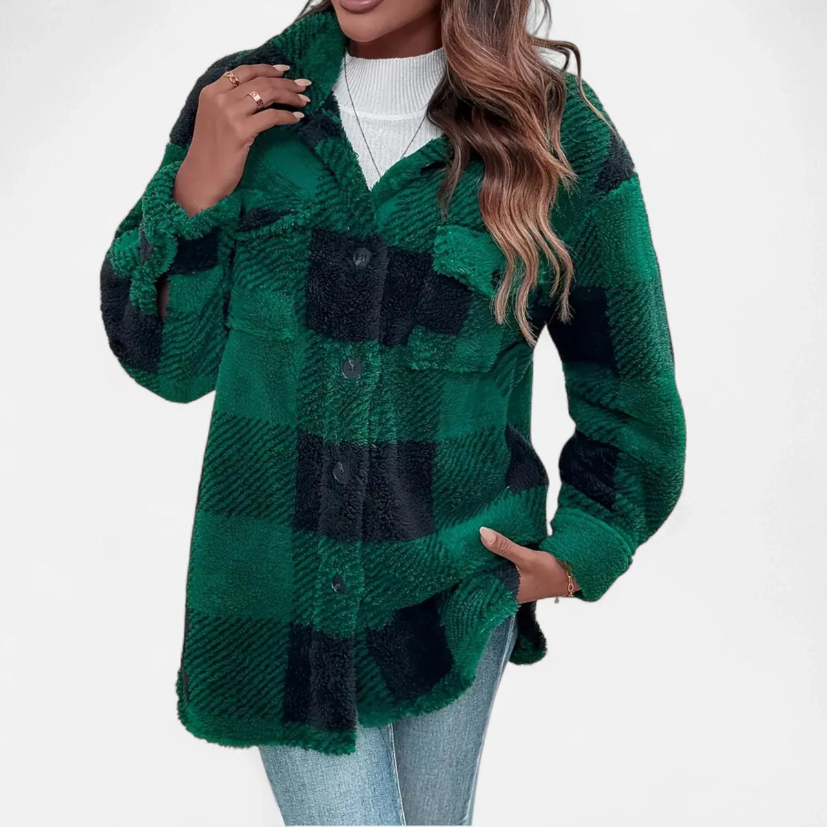 Joanne | Women's Plaid Sherpa Jacket with Button Closure and Chest Pockets