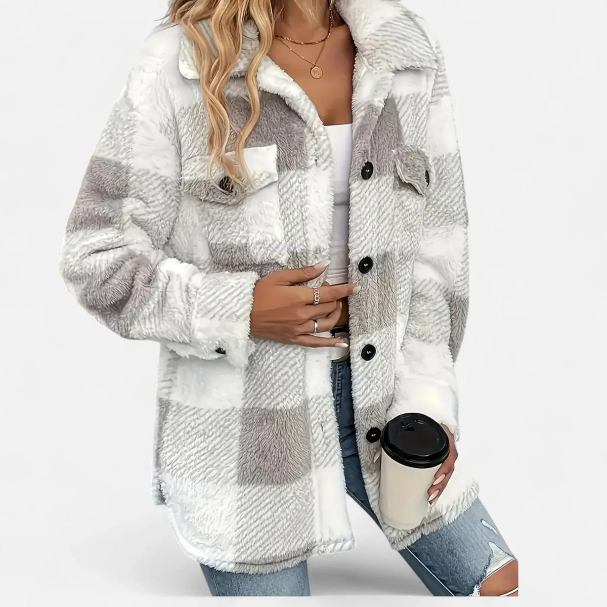Joanne | Women's Plaid Sherpa Jacket with Button Closure and Chest Pockets