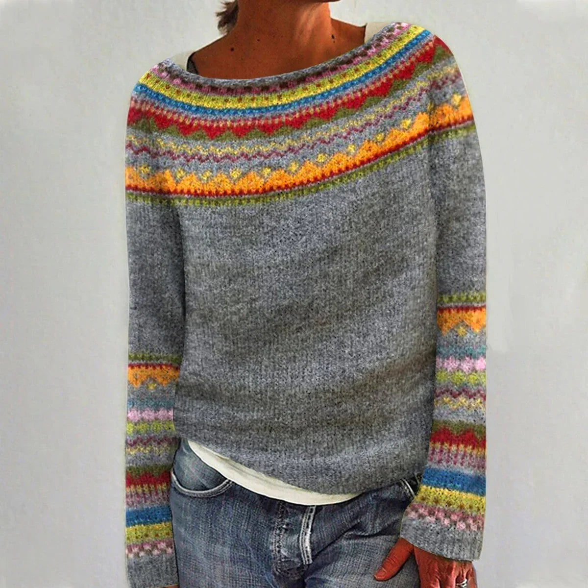 Joanne | Women's Ribbed Grey Crewneck Fair Isle Knit Sweater