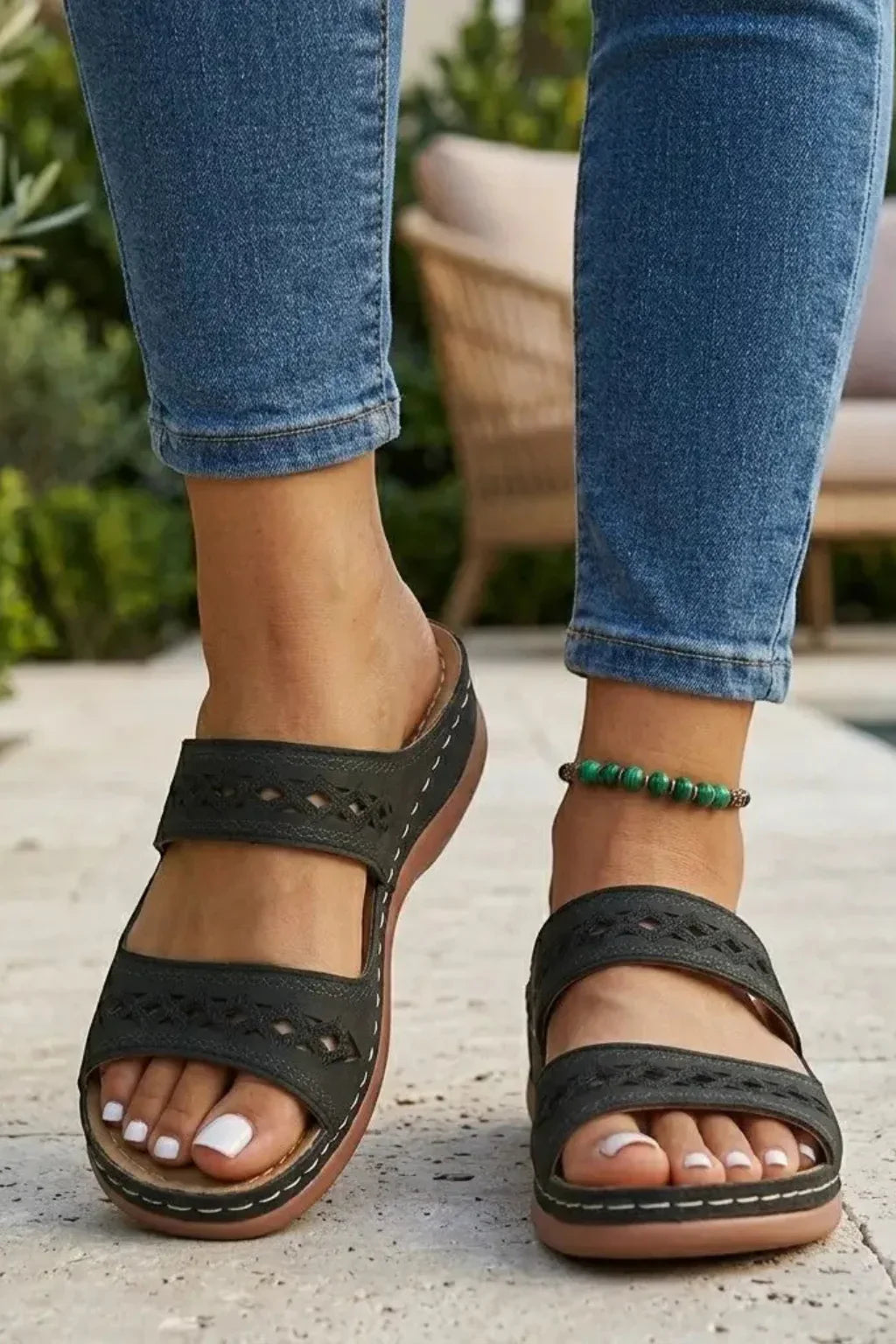 Joanne | Women's Slip On Orthopedic Leather Slide Sandals with Two Strap