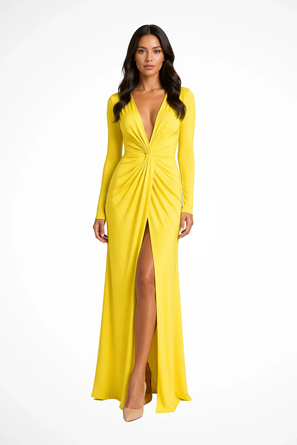 Jocasta | Deep V-Neck Long Sleeve Occasion Maxi Dress with Side Slit