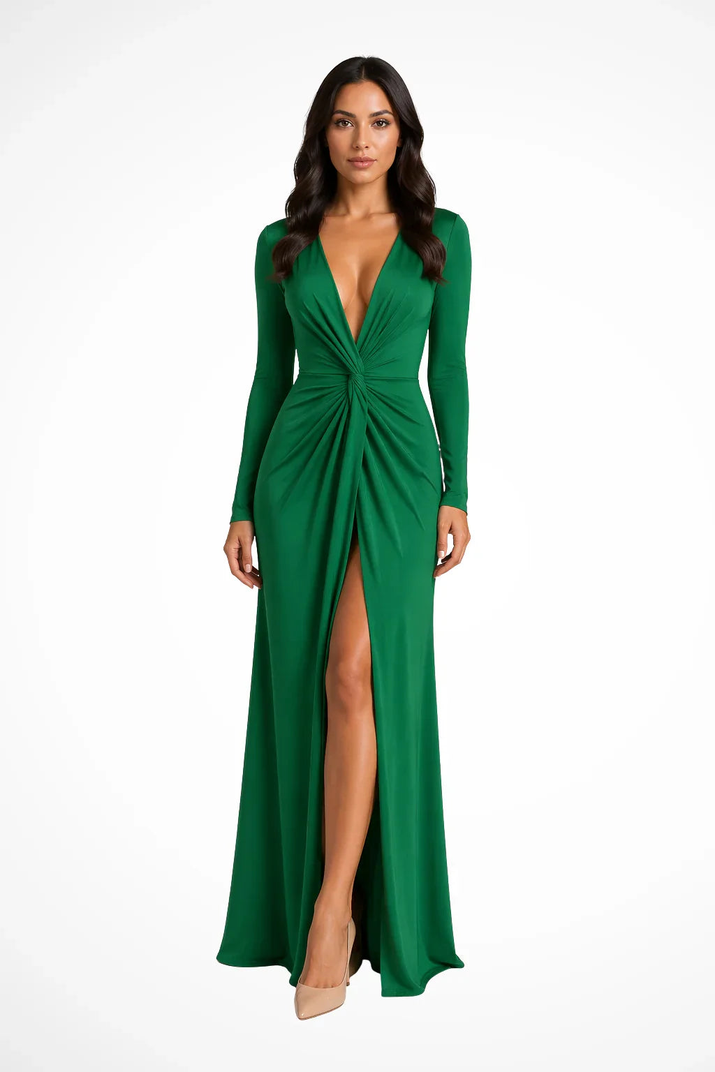 Jocasta | Deep V-Neck Long Sleeve Occasion Maxi Dress with Side Slit