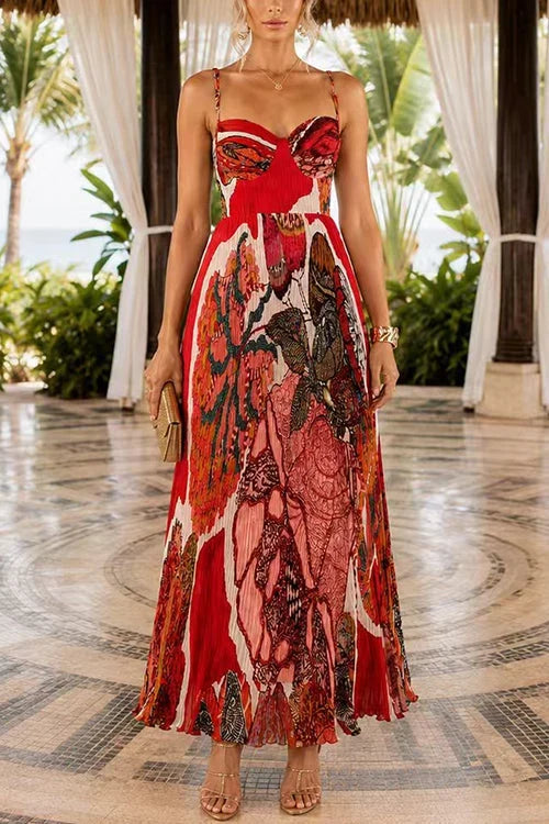 Jocasta | Red Abstract Floral Maxi Dress with Sweetheart Neckline