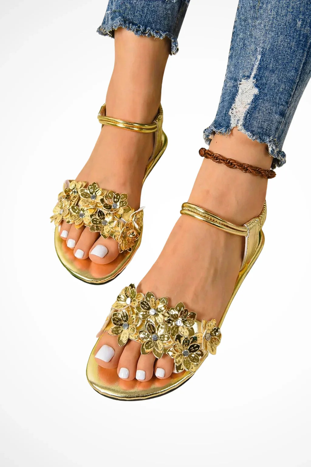 Jocasta | Women's Open Toe Gold Floral Flat Sandals with Ankle Strap