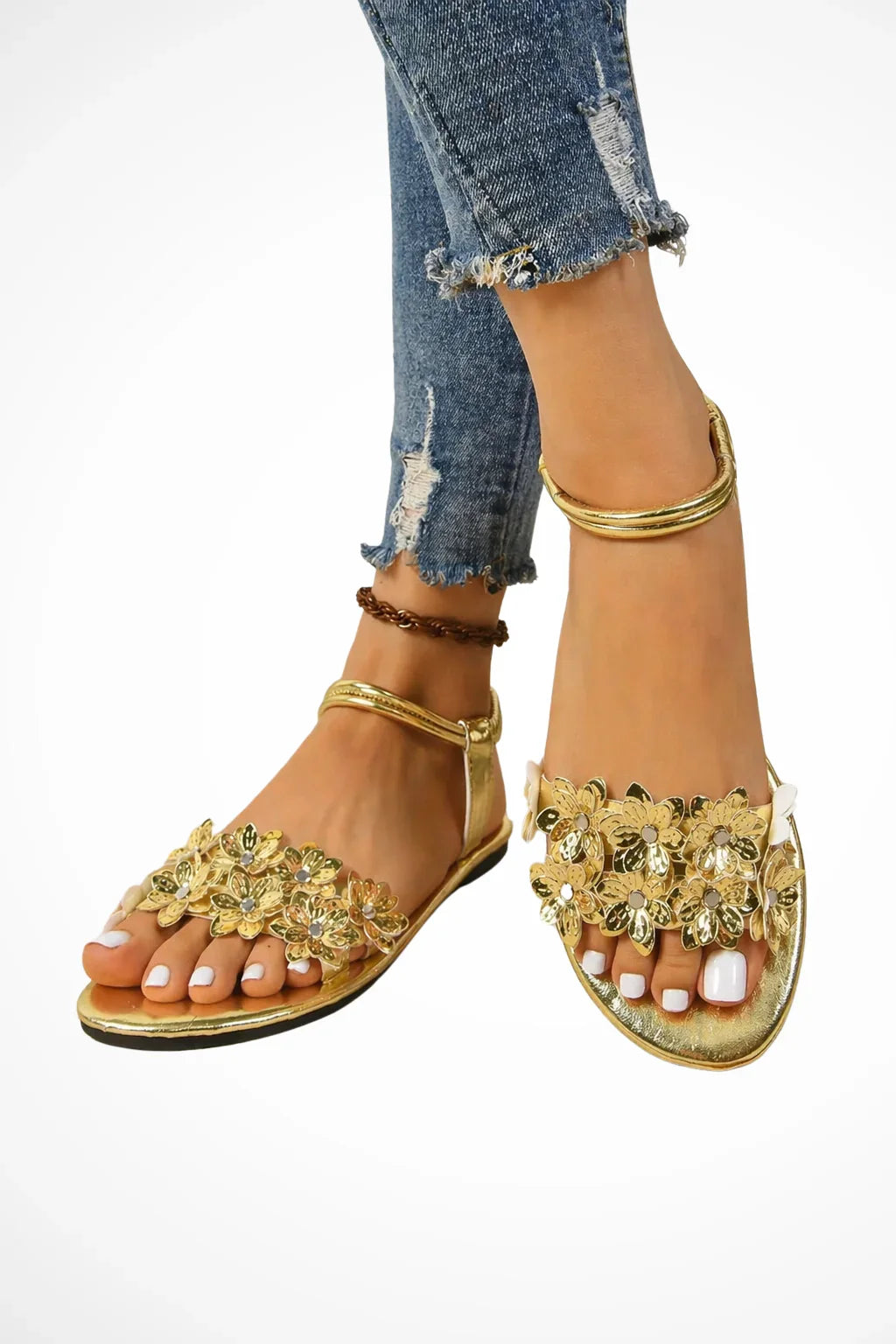 Jocasta | Women's Open Toe Gold Floral Flat Sandals with Ankle Strap