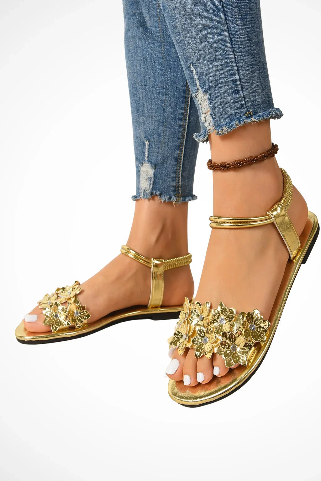 Jocasta | Women's Open Toe Gold Floral Flat Sandals with Ankle Strap