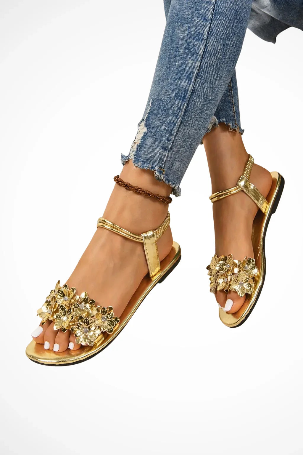 Jocasta | Women's Open Toe Gold Floral Flat Sandals with Ankle Strap