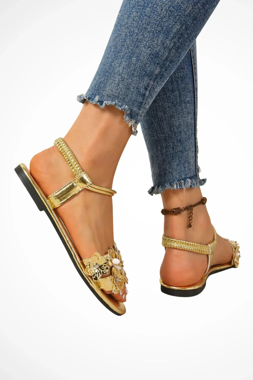 Jocasta | Women's Open Toe Gold Floral Flat Sandals with Ankle Strap