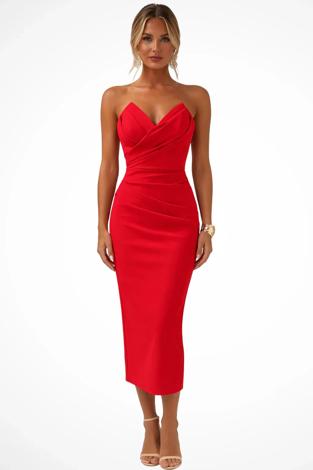 Jocelyn | Women's Strapless Ruched Sweetheart Neckline Evening Midi Dress