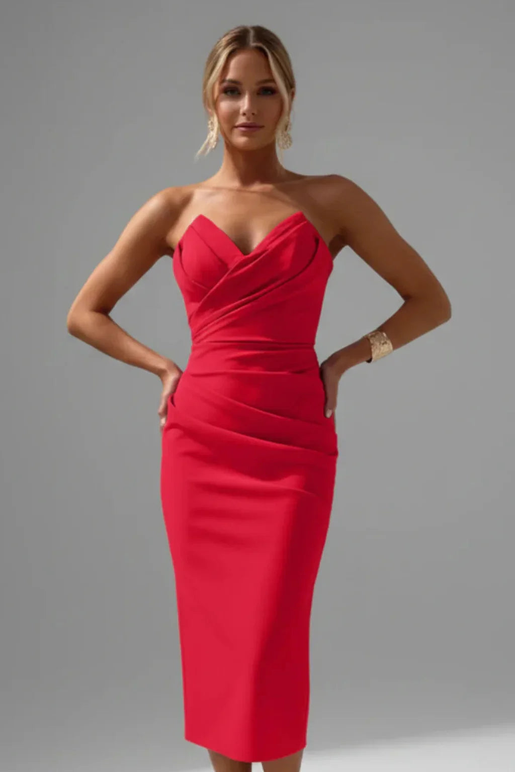 Jocelyn | Women's Strapless Ruched Sweetheart Neckline Evening Midi Dress