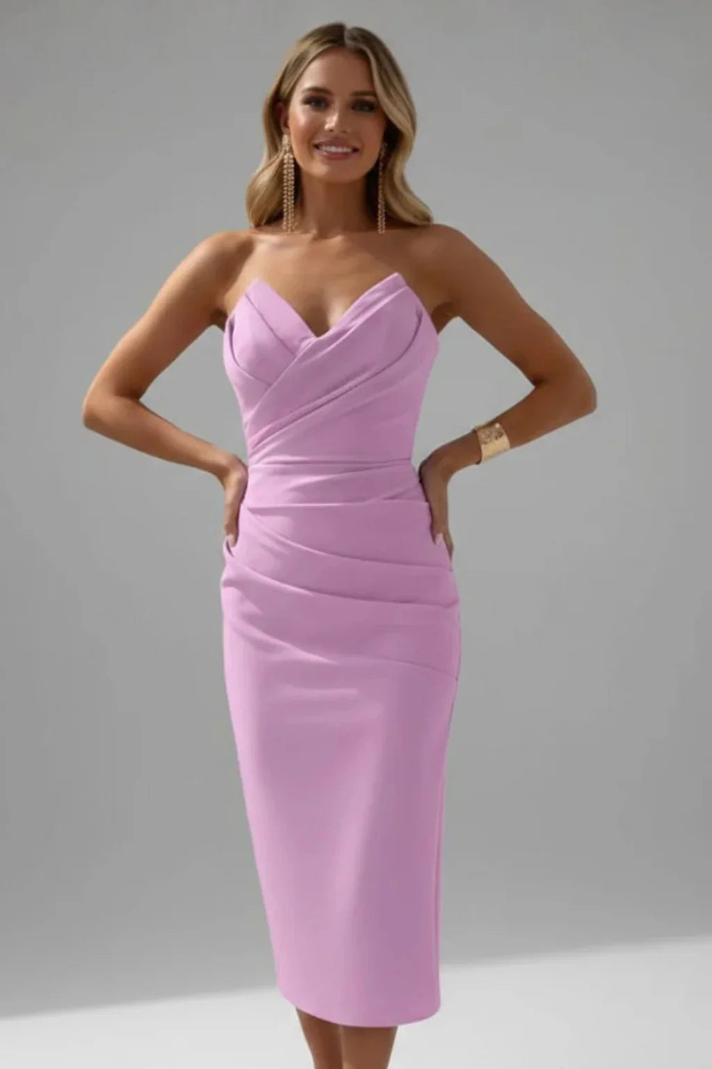 Jocelyn | Women's Strapless Ruched Sweetheart Neckline Evening Midi Dress