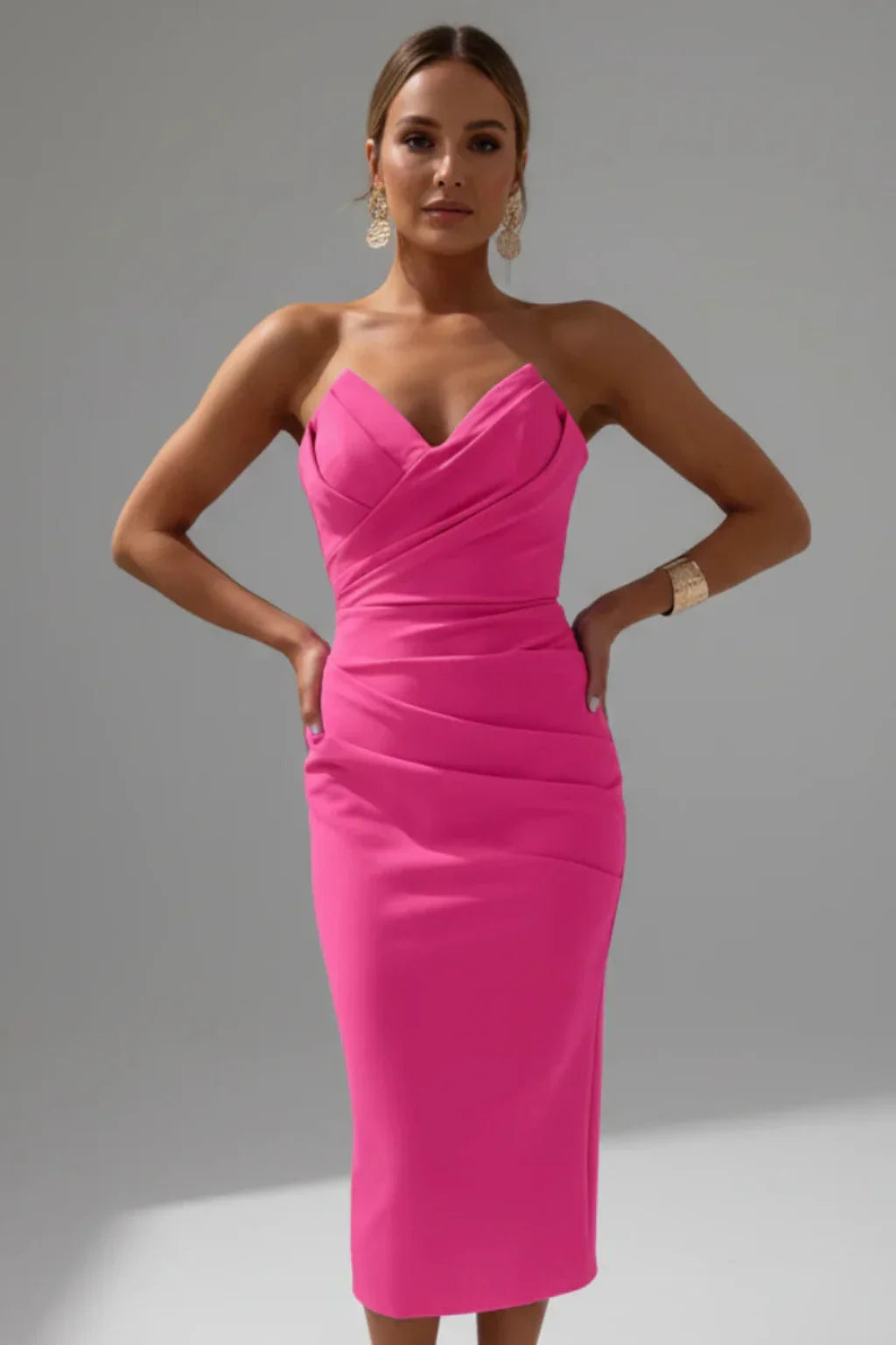 Jocelyn | Women's Strapless Ruched Sweetheart Neckline Evening Midi Dress