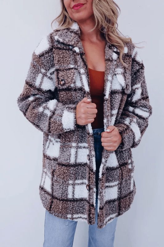 Josefien | Checked Wool Long Jacket with Stand Collar for Women