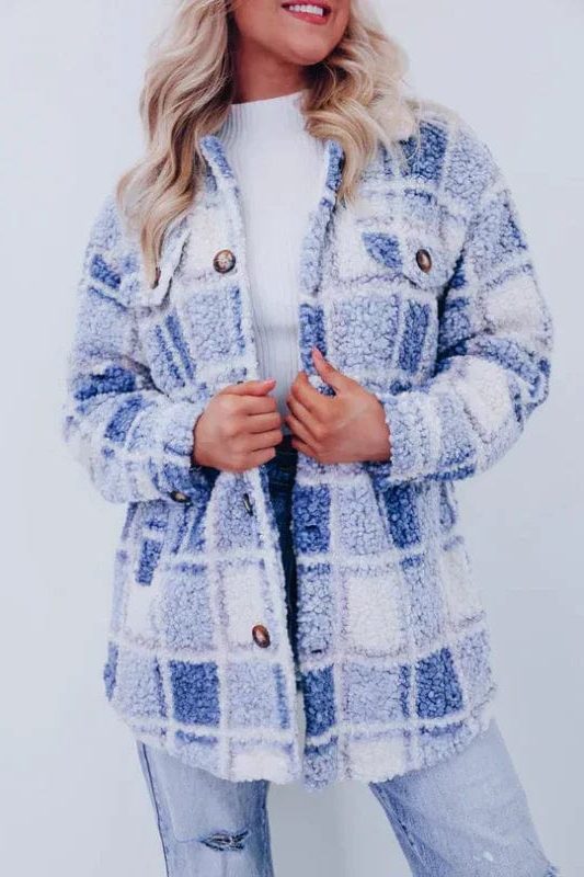 Josefien | Checked Wool Long Jacket with Stand Collar for Women
