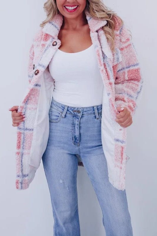 Josefien | Checked Wool Long Jacket with Stand Collar for Women