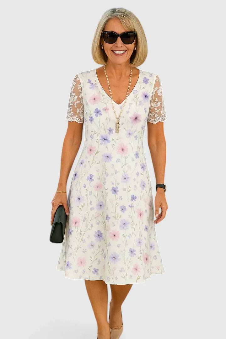 Josephine | Lace Floral V-Neck Prom Midi Dress with Sleeves