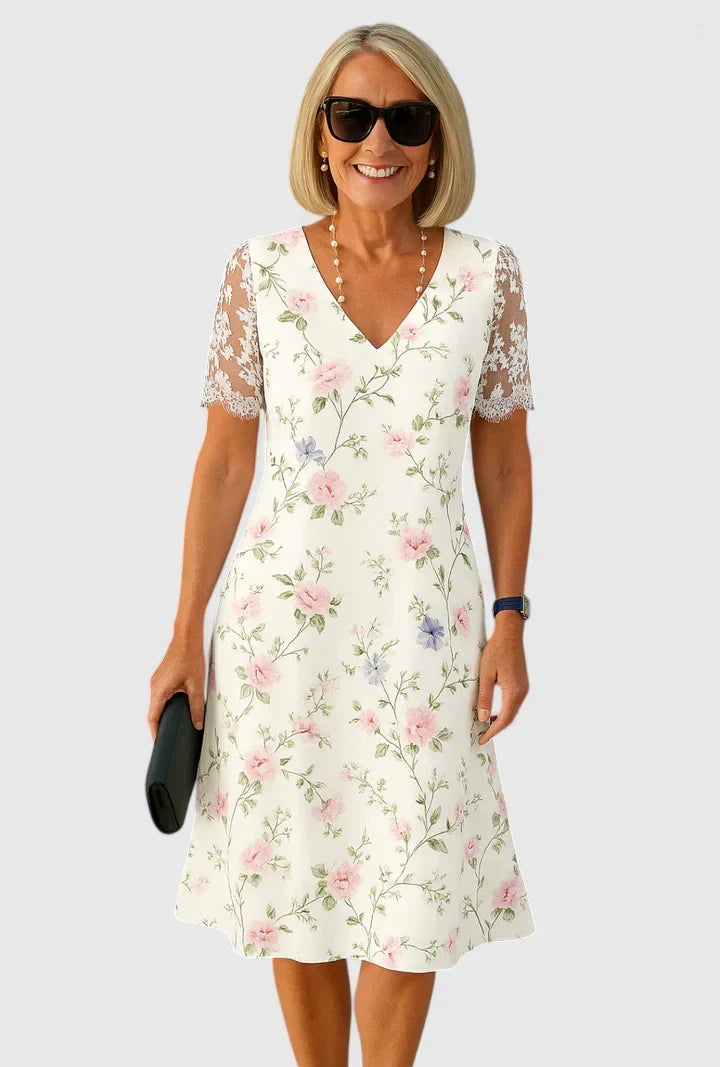 Josephine | Lace Floral V-Neck Prom Midi Dress with Sleeves