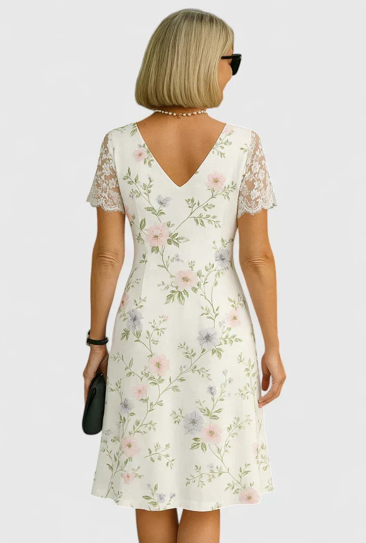 Josephine | Lace Floral V-Neck Prom Midi Dress with Sleeves