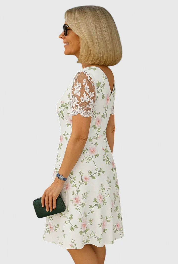 Josephine | Lace Floral V-Neck Prom Midi Dress with Sleeves