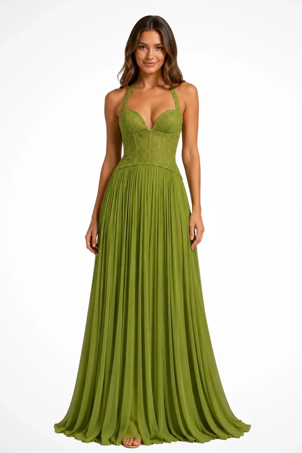 Joyce | Pleated Green Lace Corset Halter Maxi Dress