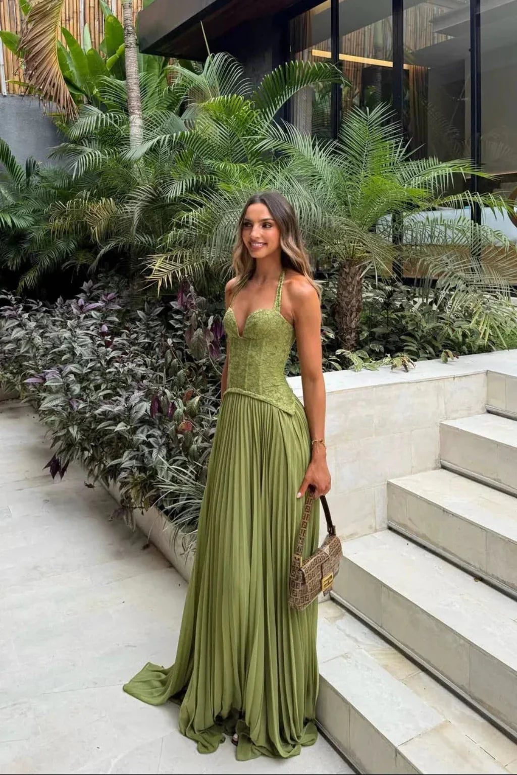 Joyce | Pleated Green Lace Corset Halter Maxi Dress