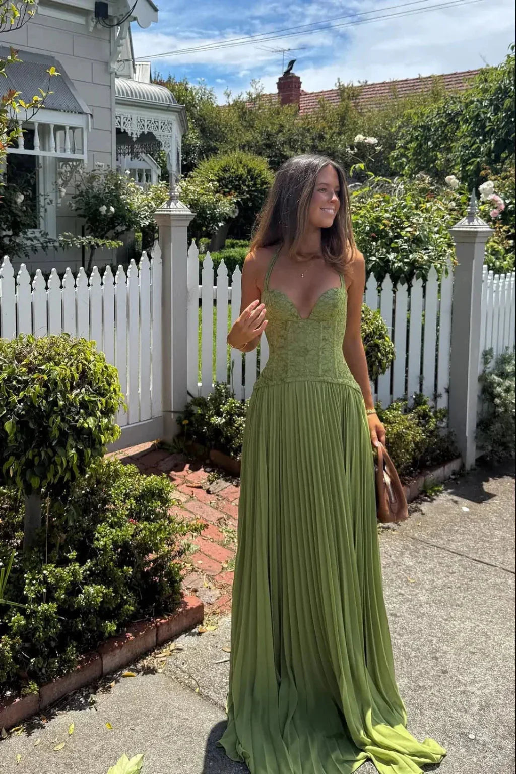 Joyce | Pleated Green Lace Corset Halter Maxi Dress