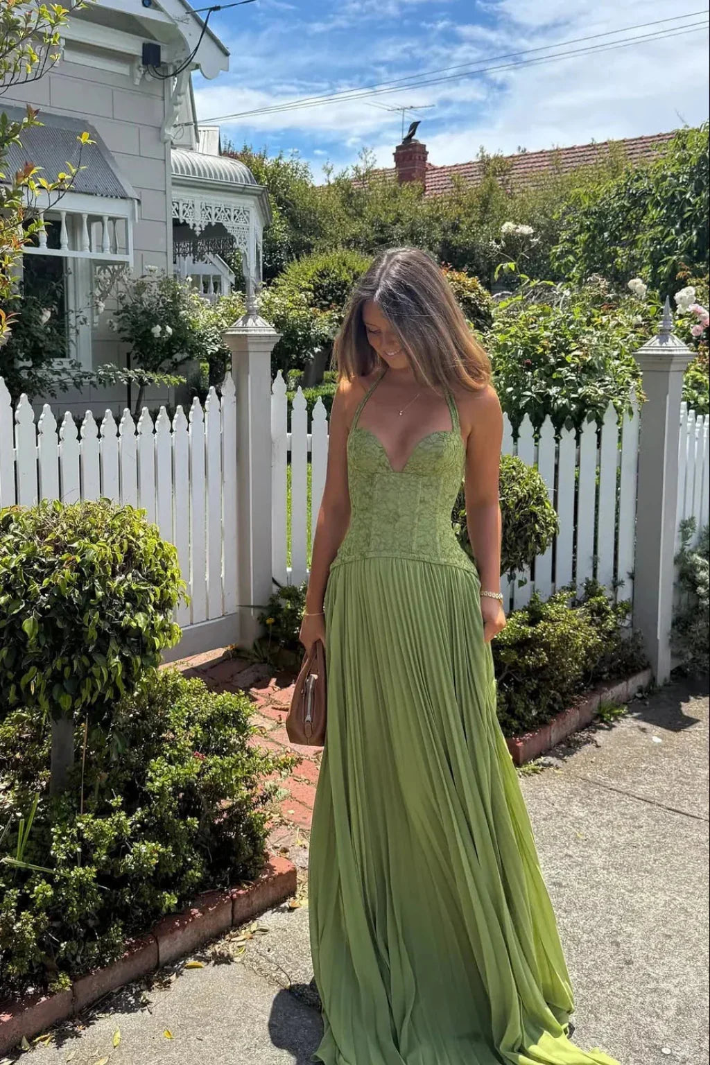 Joyce | Pleated Green Lace Corset Halter Maxi Dress