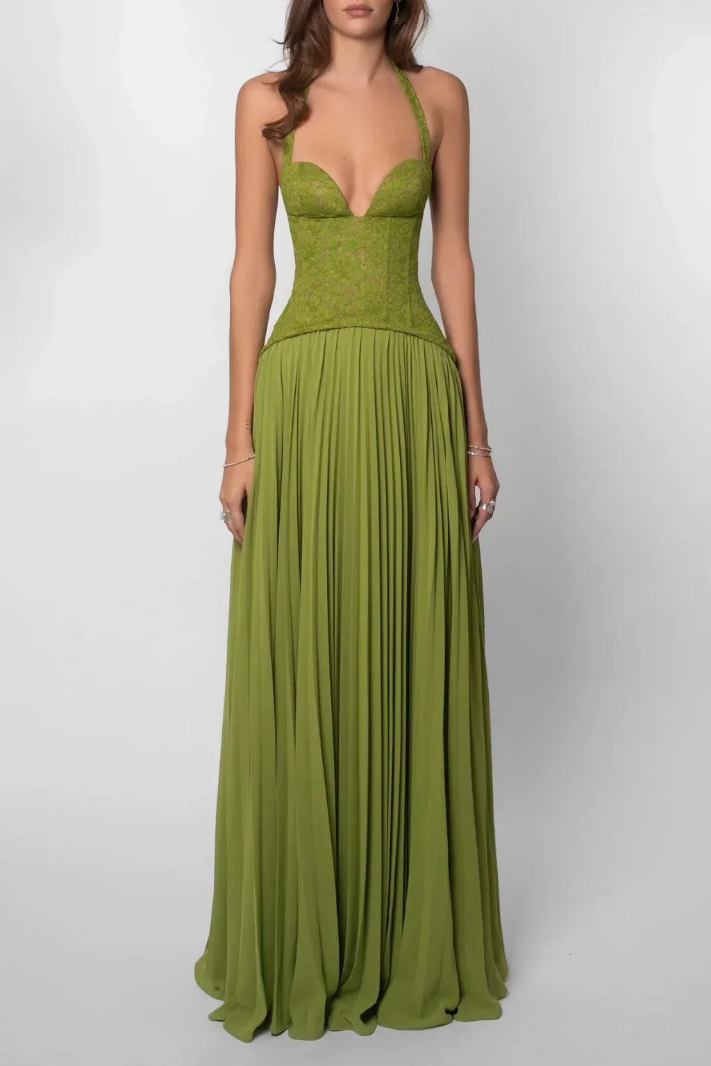 Joyce | Pleated Green Lace Corset Halter Maxi Dress