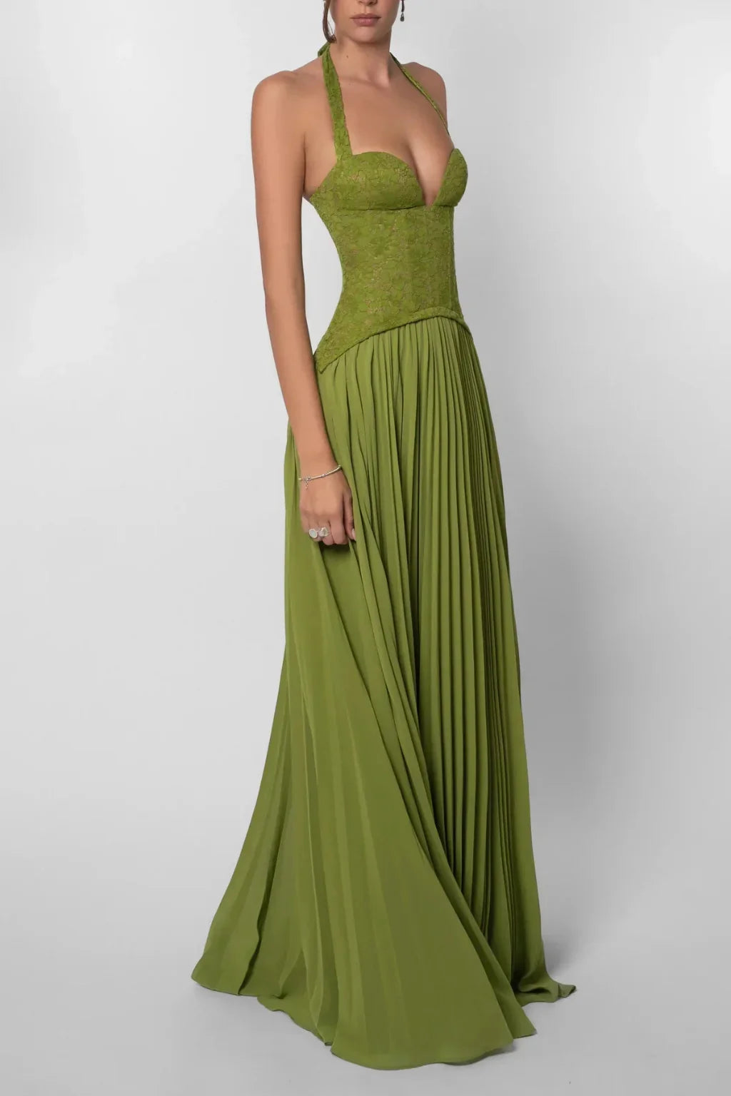 Joyce | Pleated Green Lace Corset Halter Maxi Dress