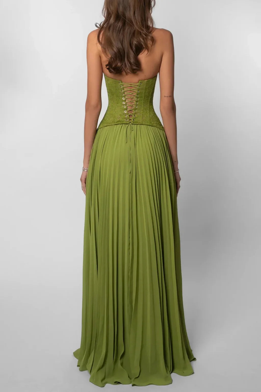 Joyce | Pleated Green Lace Corset Halter Maxi Dress