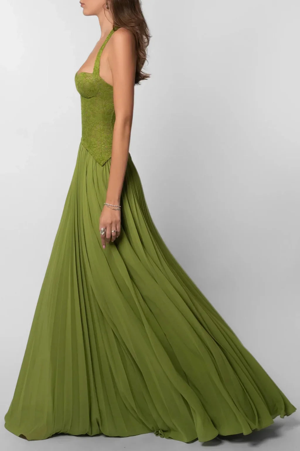 Joyce | Pleated Green Lace Corset Halter Maxi Dress