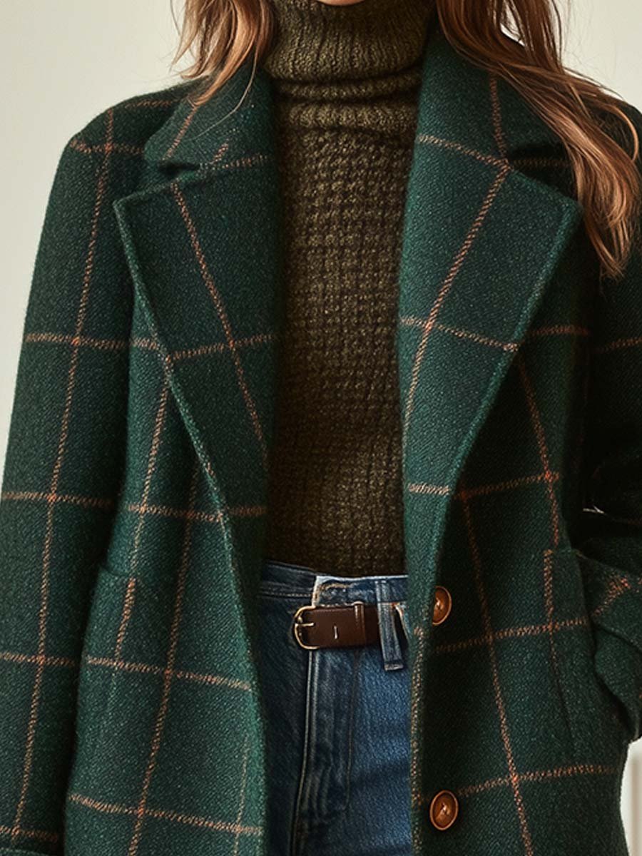 Women's Coat with Check Pattern | For Winter | Size S-3XL | Dark Green