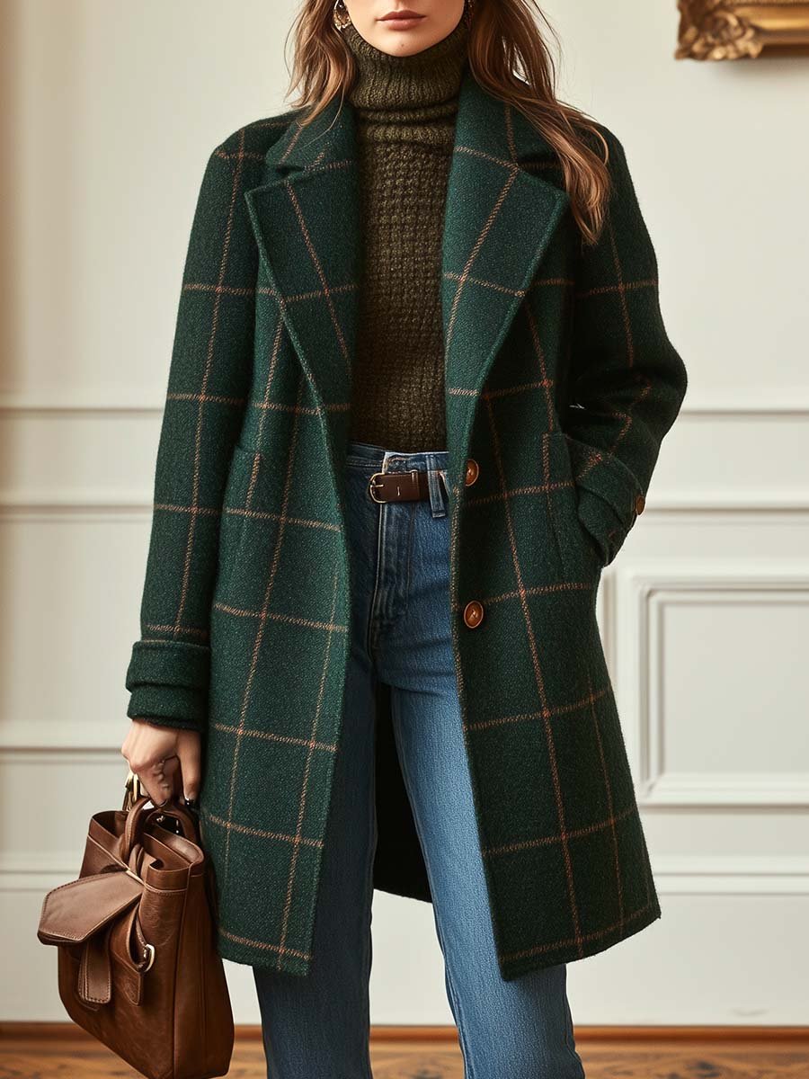 Women's Coat with Check Pattern | For Winter | Size S-3XL | Dark Green