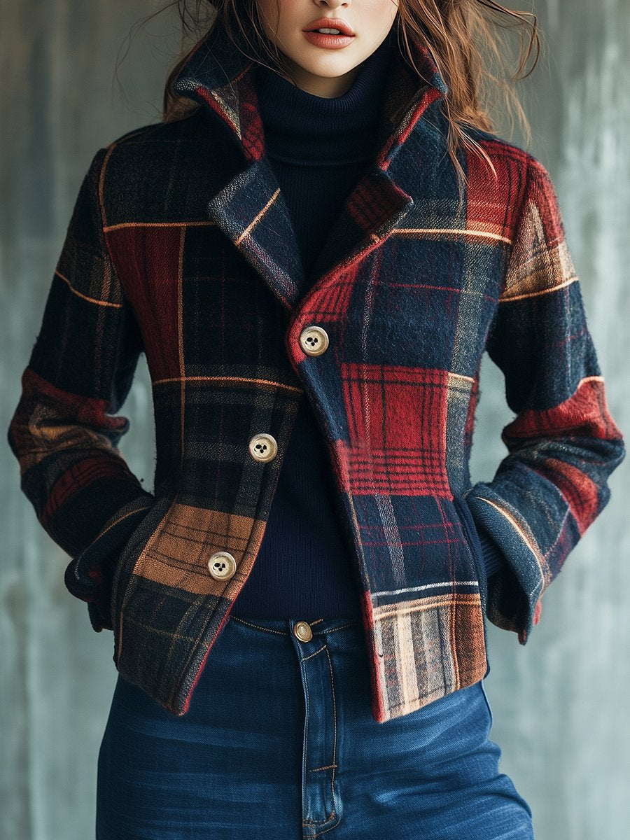 Women's Jacket with Oversized Fit and Check Pattern | Button Front | Size XS-3XL | Red