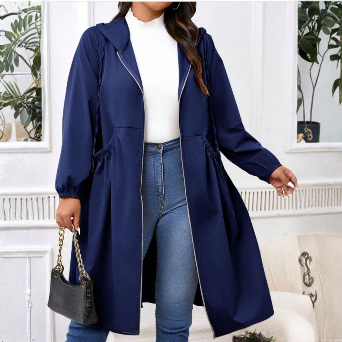 Julianne | Hooded Zip-Up Long Coat with Drawstring Waist for Women