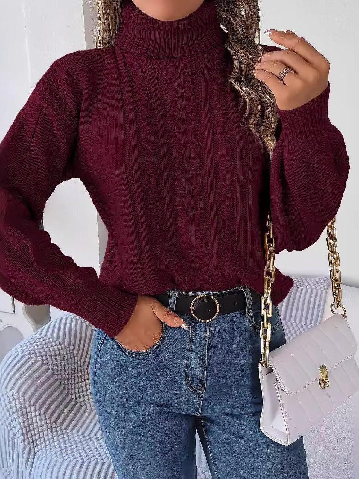 Junia | Cable Knit Turtleneck Sweater with Long Sleeves for Women