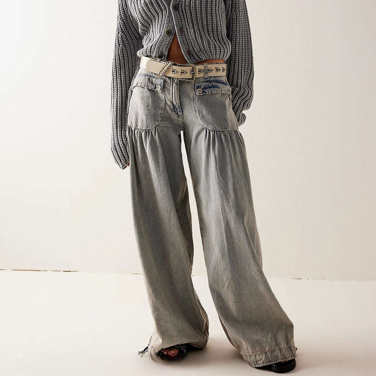 Juno | Wide Leg Jeans with Cropped Ankle Drawstring for Women
