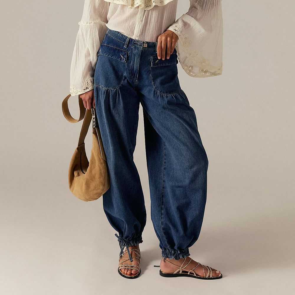 Juno | Wide Leg Jeans with Cropped Ankle Drawstring for Women