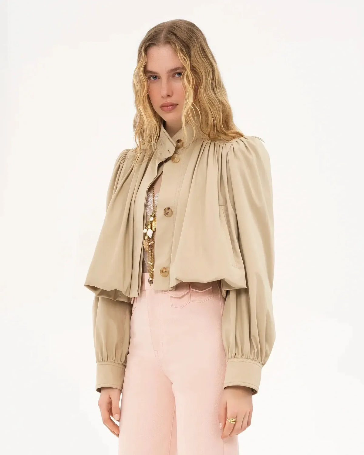 Karen | Cropped Button Front Varsity Jacket with Voluminous Sleeves