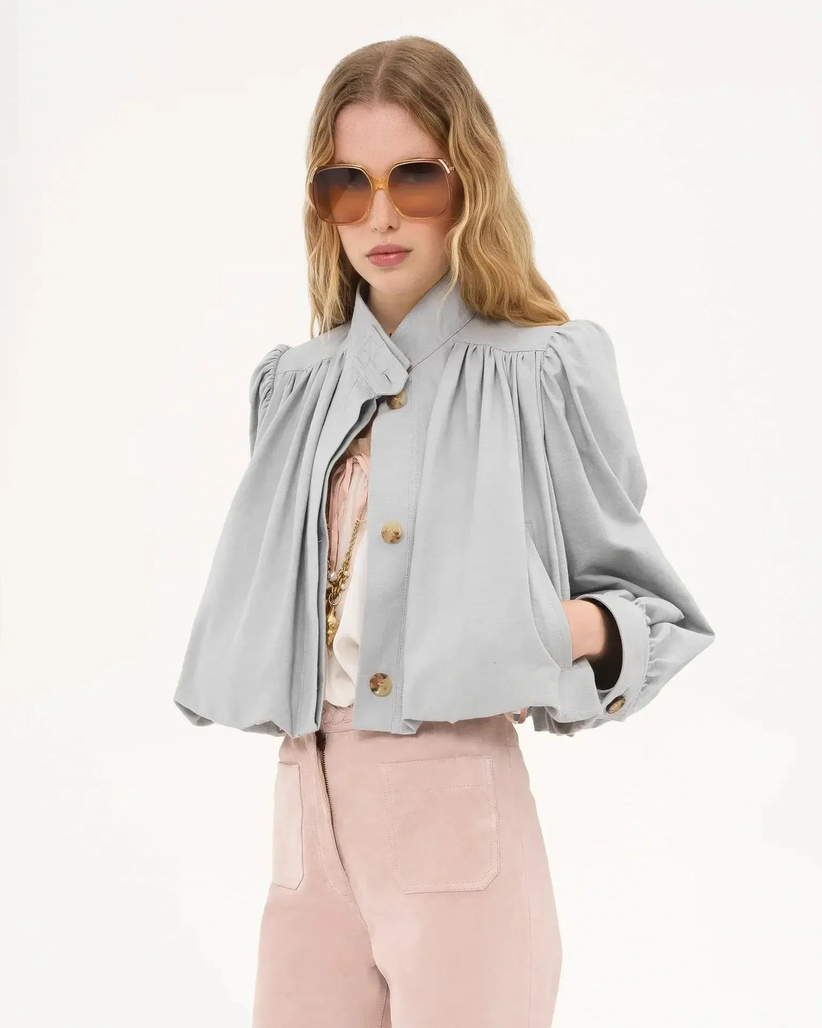 Karen | Cropped Button Front Varsity Jacket with Voluminous Sleeves