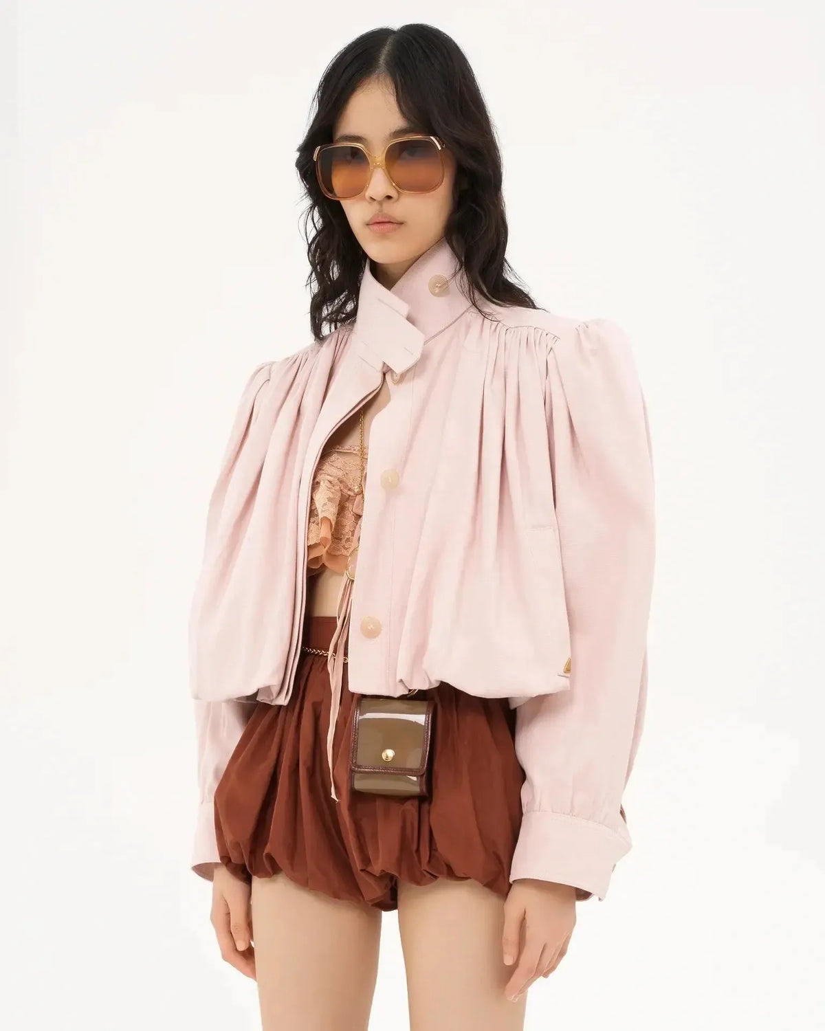 Karen | Cropped Button Front Varsity Jacket with Voluminous Sleeves