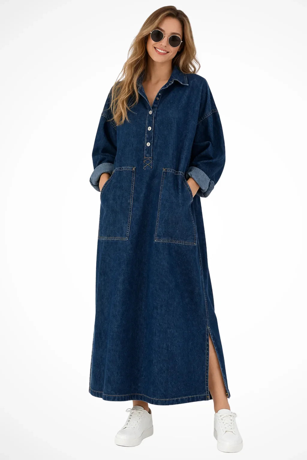 Karen | Denim Shirt Maxi Dress with Collared Neckline and Patch Pockets