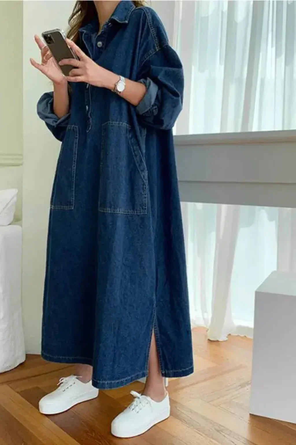 Karen | Denim Shirt Maxi Dress with Collared Neckline and Patch Pockets